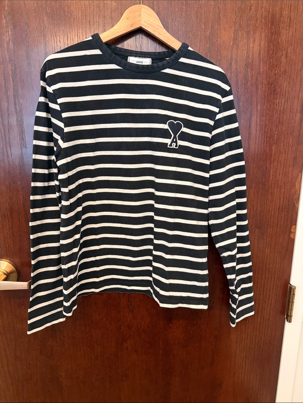 Ami Black & White Striped Heart Logo Long-Sleeve Tee  *Authentic*